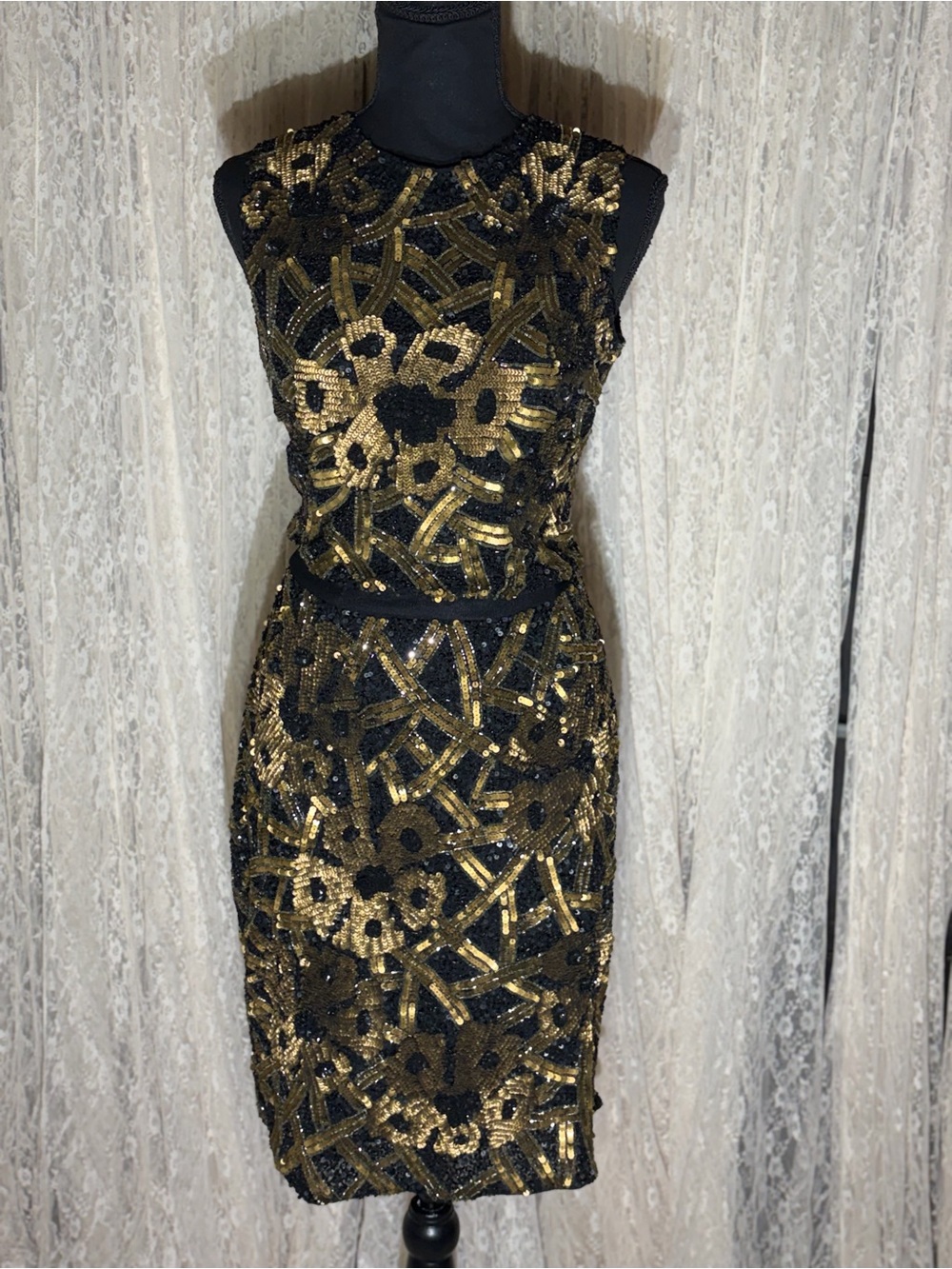 LARA Black & Gold Sequin Two-Piece Skirt Set